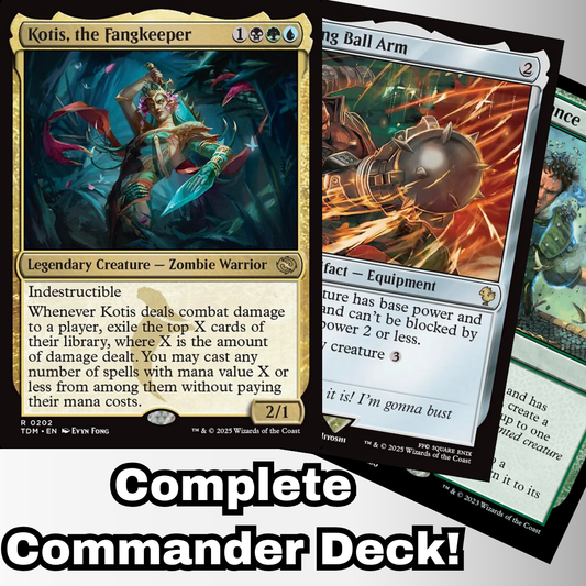 MTG Commander EDH Deck featuring Kotis, the Fangkeeper, a 100-card custom Sultai Voltron deck by Moonveil Games, highlighting indestructible strategies and unique gameplay elements.