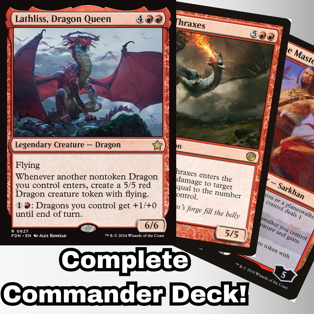 Promotional graphic for MTG Commander Dragon Deck featuring Lathliss, Dragon Queen, showcasing custom 100-card deck by Moonveil Games with dragons and tokens.
