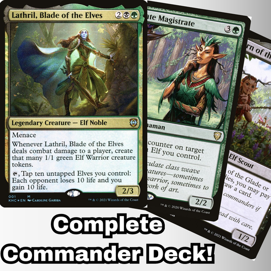 MTG Commander Deck EDH Lathril, Blade of the Elves 100 Magic Cards Custom Deck, featuring legendary elf commander, designed for casual play by Moonveil Games.