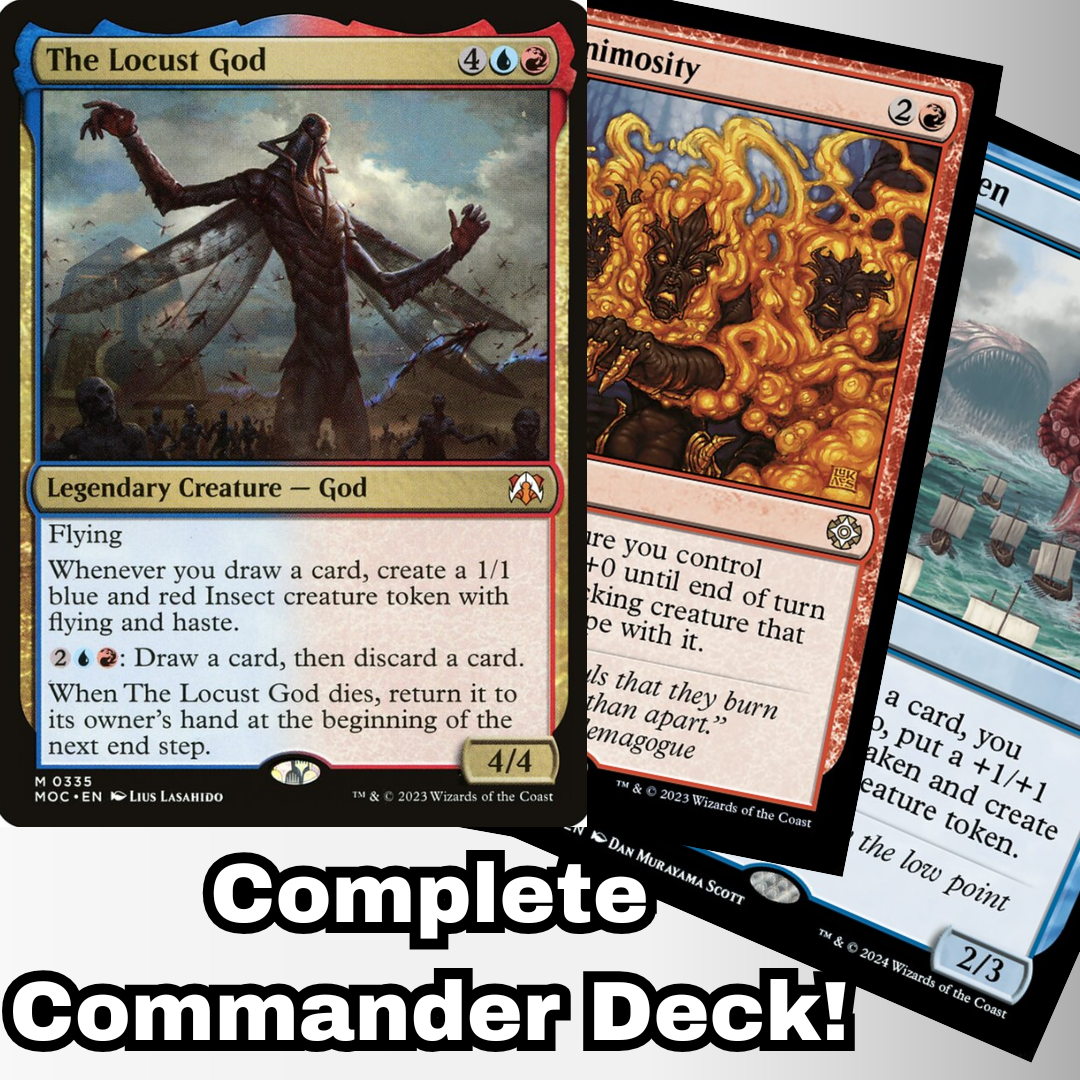 MTG Commander Deck featuring The Locust God card, part of Moonveil Games' custom 100 Magic Cards deck for casual play.