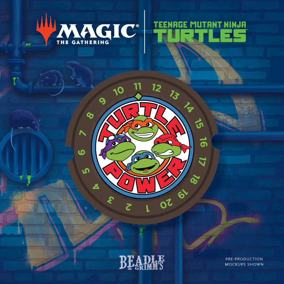 Magic: The Gathering - Teenage Mutant Ninja Turtles Token Set by Beadle & Grimm's featuring a Turtle Power life counter and thematic gaming accessories in a sewer-themed mock-up.