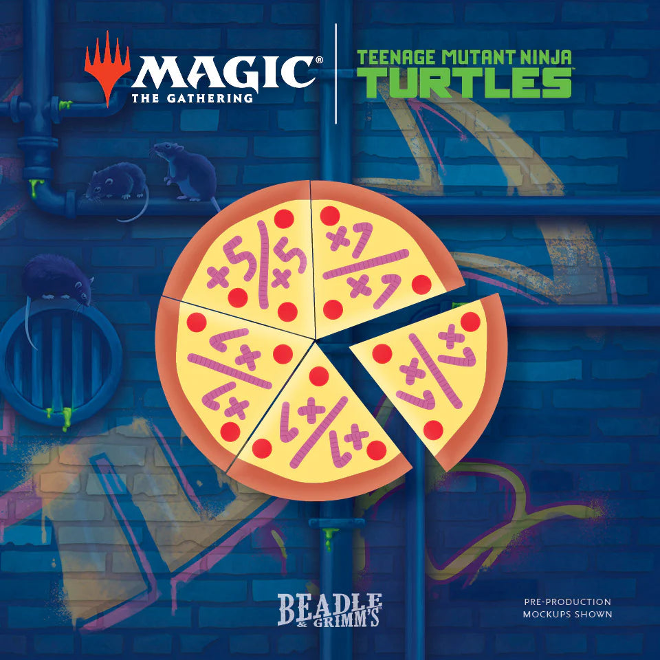 Magic: The Gathering - Teenage Mutant Ninja Turtles - Token Set BEADLE AND GRIMM'S featuring pizza slice counters and dice, set on a graffiti backdrop, for Moonveil Games.