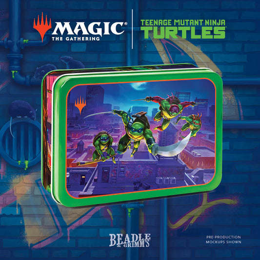 Magic: The Gathering - Teenage Mutant Ninja Turtles - Token Set BEADLE AND GRIMM'S mock-up featuring turtles on a rooftop-themed tin with logos and sewer background.