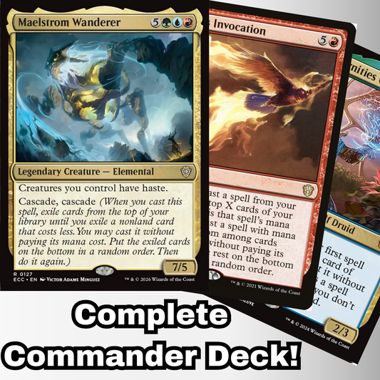 MTG Commander EDH Deck featuring Maelstrom Wanderer, showcasing key cards. Custom-built by Moonveil Games for casual play, offering a complete 100-card cascade experience.