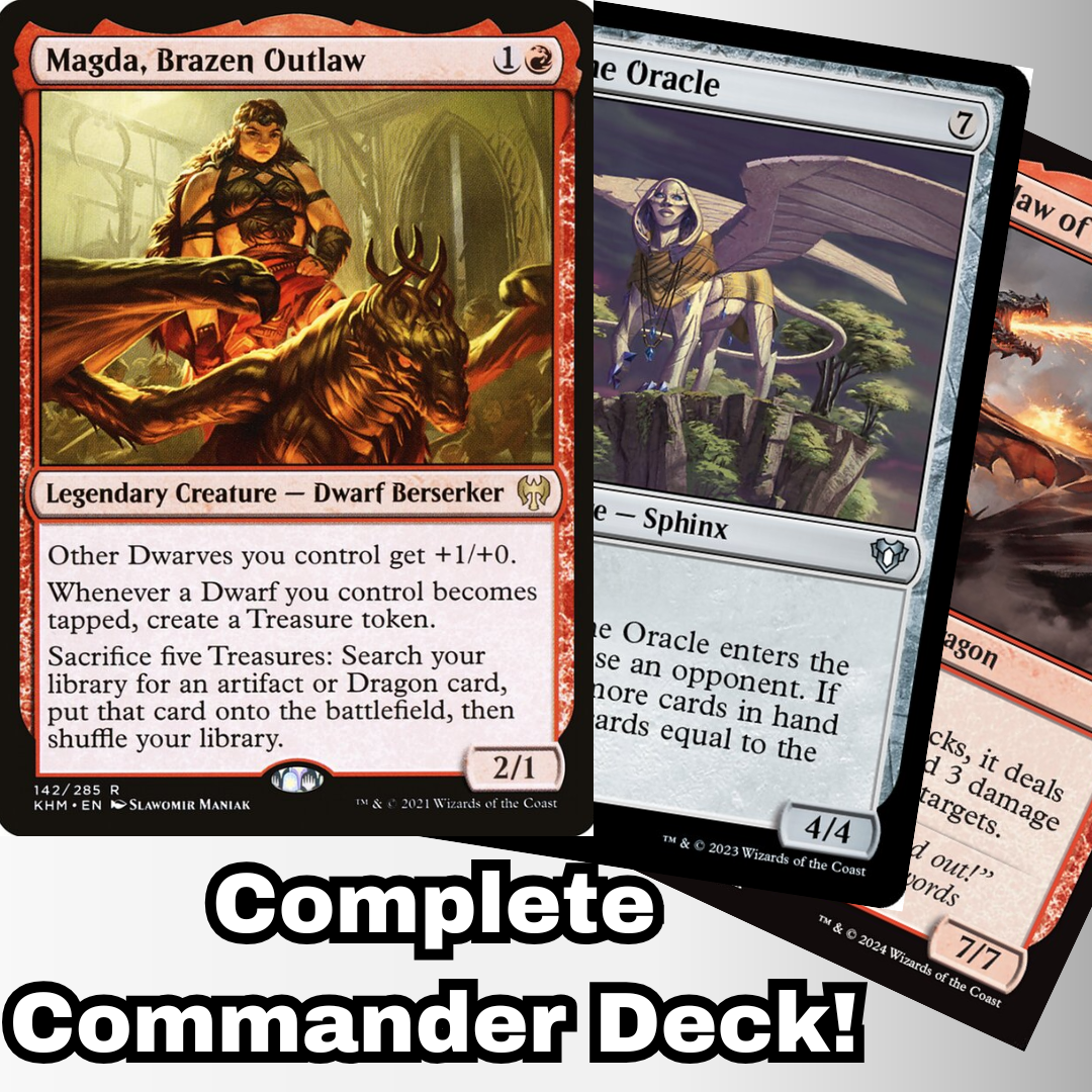 MTG Commander Deck featuring Magda, Brazen Outlaw card, showcasing a 100-card custom Dwarf, Dragon, and Artifact theme deck by Moonveil Games.