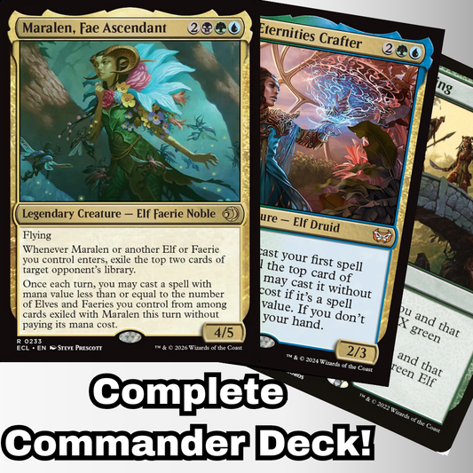 Magic: The Gathering Commander Deck featuring Maralen, Fae Ascendant and Eternities Crafter, custom-built by Moonveil Games with Elves and Faeries theme.