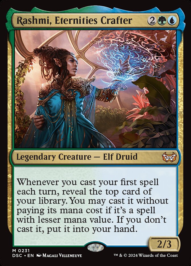 Magic: The Gathering card Rashmi, Eternities Crafter features an elf druid casting spells, part of Moonveil Games' custom MTG Commander Deck.