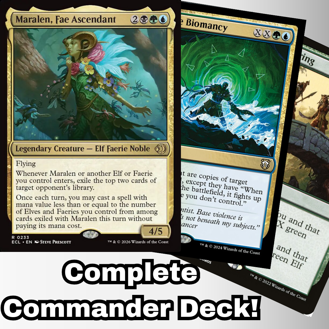 MTG Commander Deck featuring Maralen, Fae Ascendant, highlighted with Protean Biomancy and Elf tokens, emphasizing a custom-built, casual play experience by Moonveil Games.