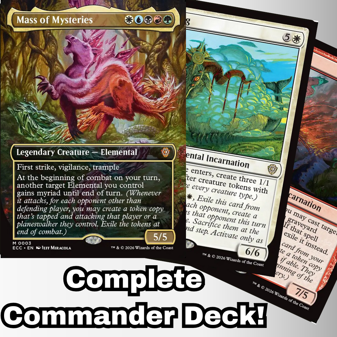 MTG Commander Deck featuring Mass of Mysteries and Elemental Incarnations, crafted by Moonveil Games. Promoted as a complete, custom 100-card deck for casual play.