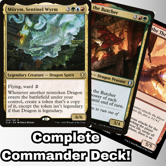 MTG Commander Dragon Deck featuring Miirym, Sentinel Wyrm card, promoting a 100-card custom dragon-themed EDH deck by Moonveil Games.