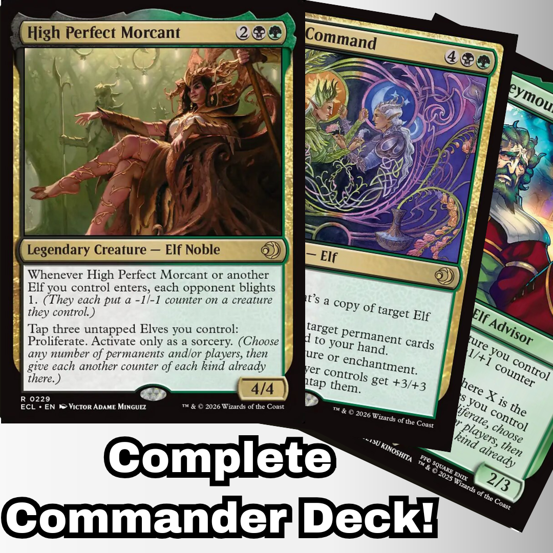 MTG Commander Deck featuring High Perfect Morcant, highlighting elf cards. Complete 100-card deck by Moonveil Games for casual play.