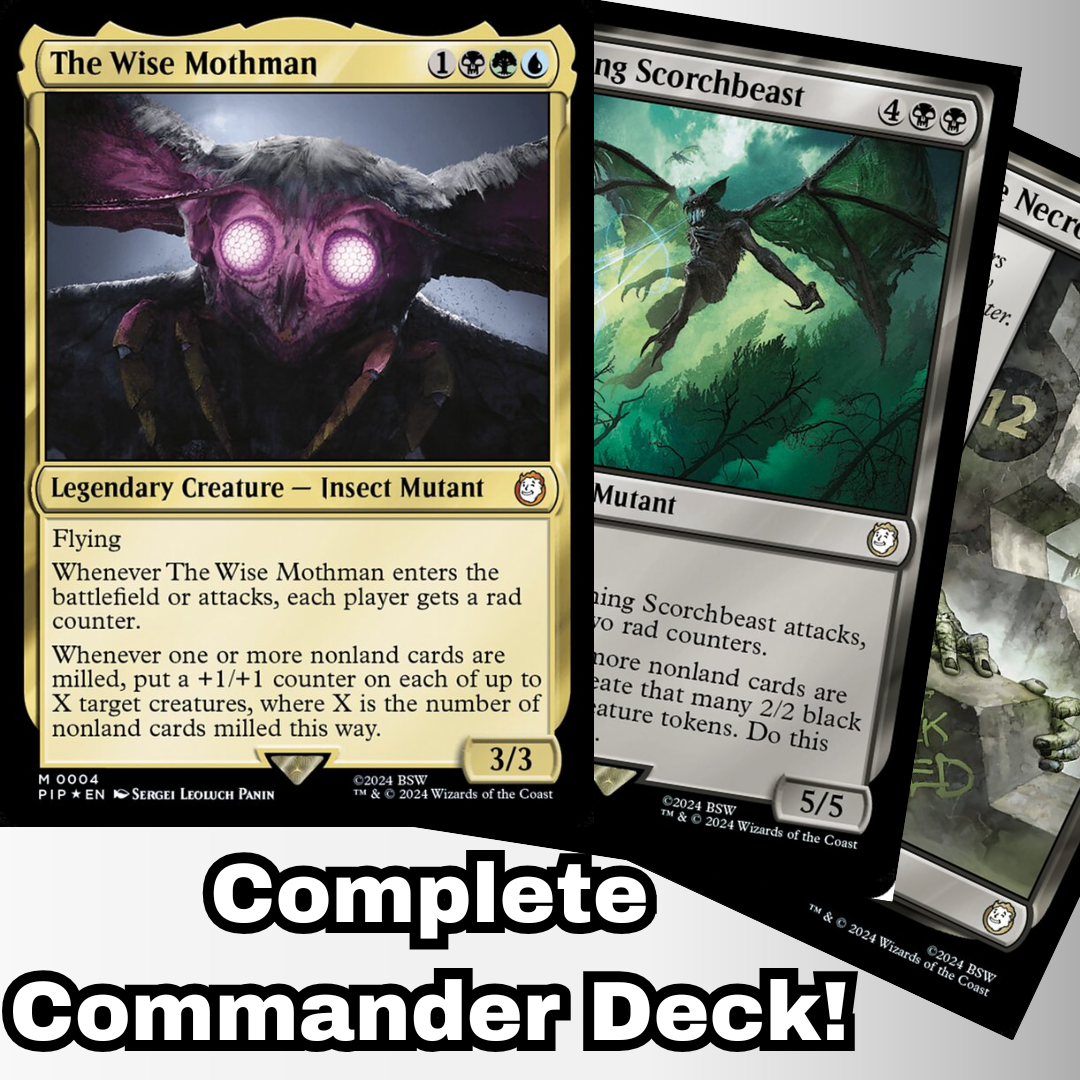 MTG Commander Deck featuring The Wise Mothman, a custom 100-card set with milling and rad counter mechanics, crafted by Moonveil Games.