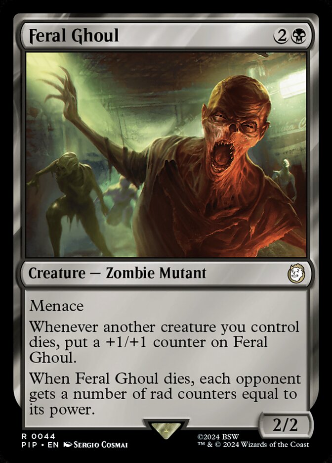 Feral Ghoul card from The Wise Mothman MTG Commander Deck, featuring a zombie mutant with menace and power-boosting abilities, illustrated by Sergio Cosmai.