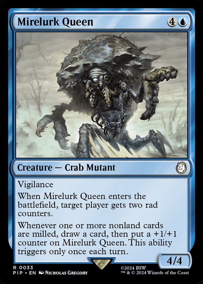 Custom MTG card Mirelurk Queen for The Wise Mothman Commander Deck, featuring a 4/4 Crab Mutant with Vigilance and unique milling abilities.