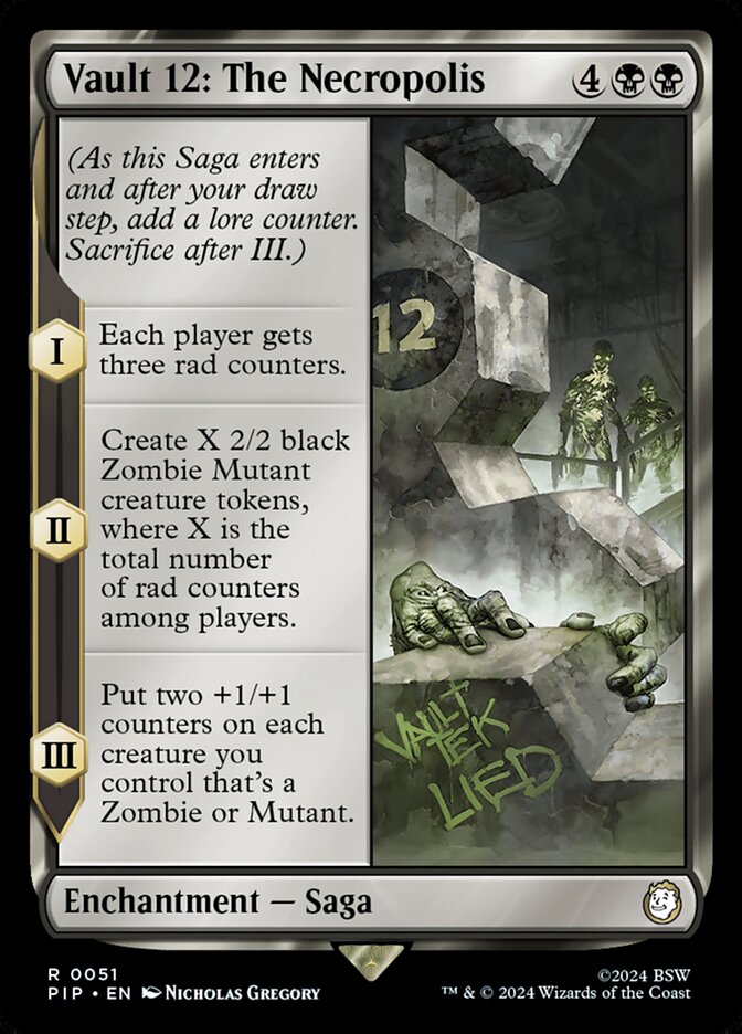 MTG Commander Deck featuring Vault 12: The Necropolis Saga card from Moonveil Games, showcasing thematic undead art and strategic rad counter mechanics.