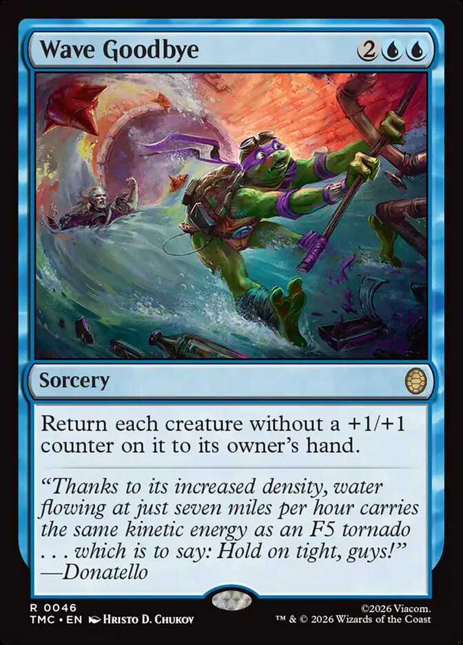MTG Commander Deck featuring Wave Goodbye card with Donatello surfing; custom-built 100-card deck by Moonveil Games for casual play.