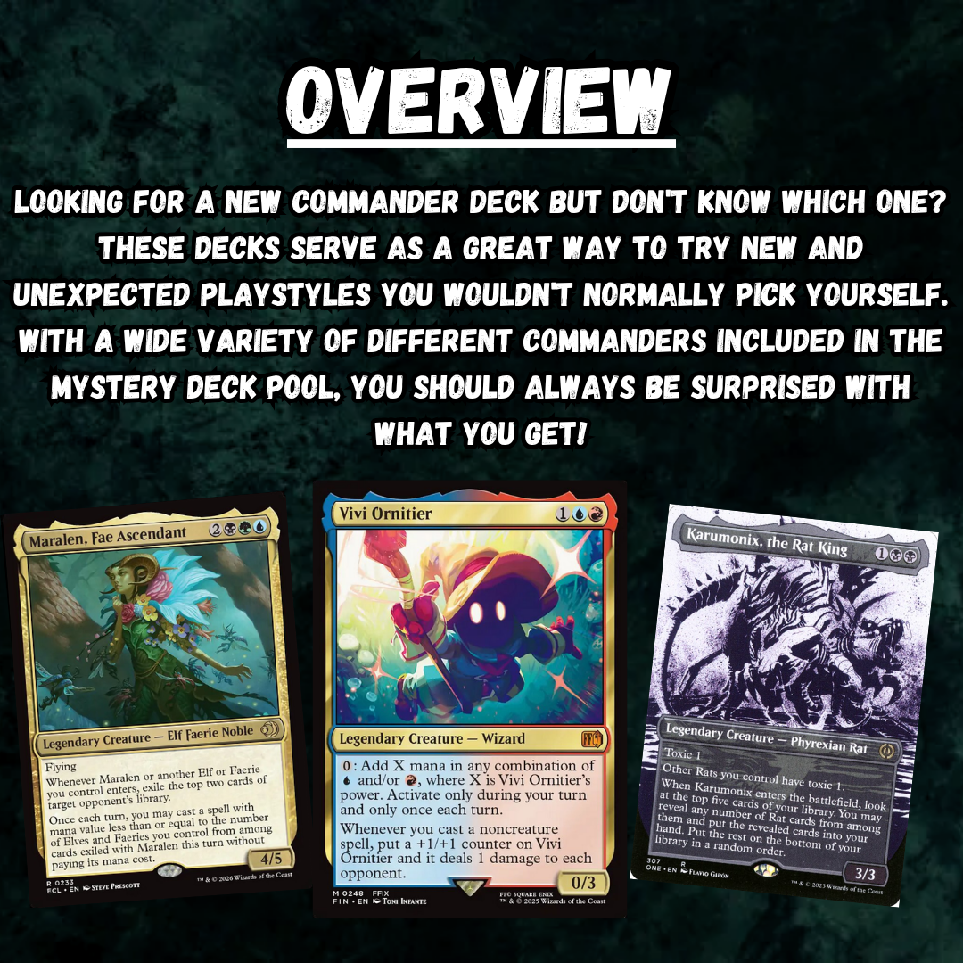 Mystery Commander Deck promotion, featuring legendary creatures Maralen, Vivi Orniter, and Karumonix, highlighting unique playstyles and surprise elements from Moonveil Games.