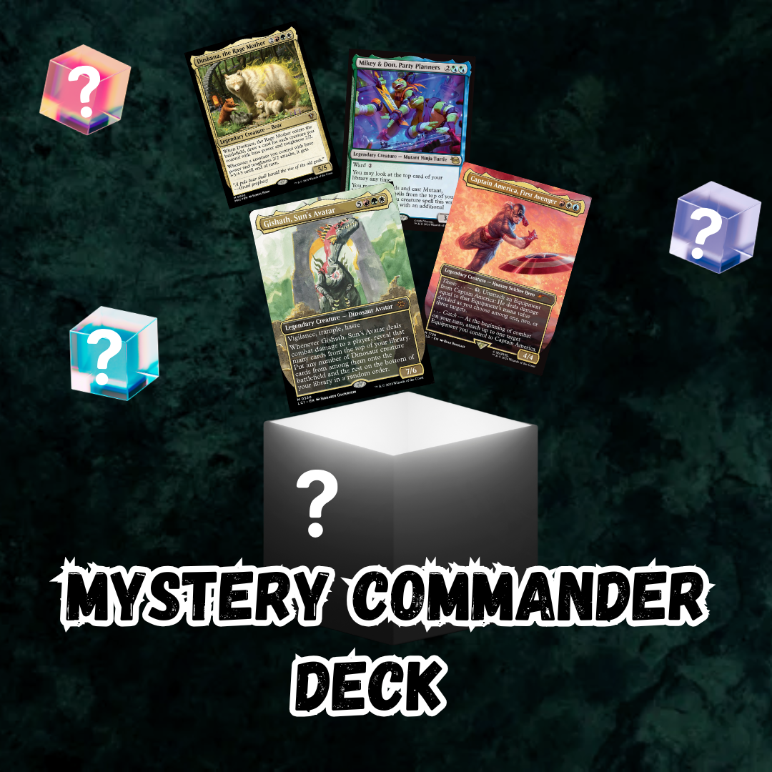 Mystery Commander Deck: an open box with a “?” showcasing legendary Magic: The Gathering cards, including Duskana and Gishath, surrounded by colorful cubes.