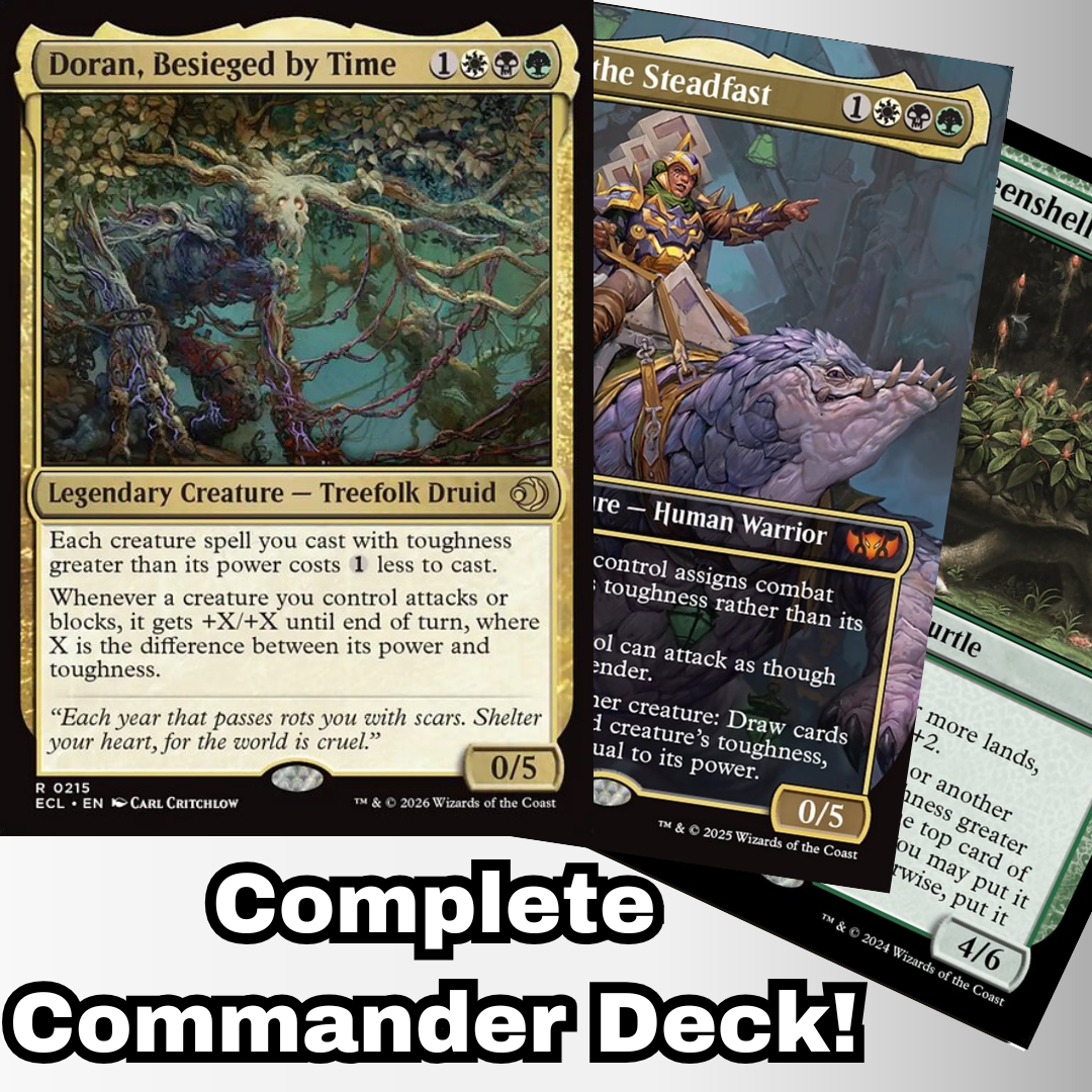 MTG Commander Deck featuring Doran, Besieged by Time, showcasing three creature cards. Ready-to-play, custom-built 100-card deck for casual Magic: The Gathering gameplay.