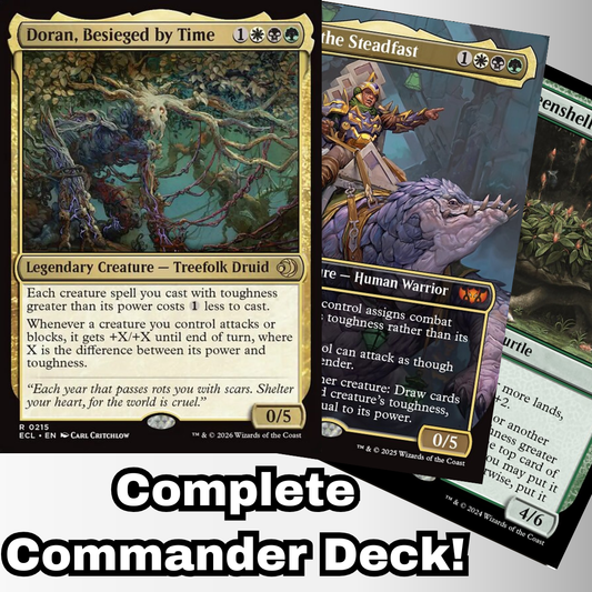 MTG Commander Deck featuring Doran, Besieged by Time, showcasing three creature cards. Ready-to-play, custom-built 100-card deck for casual Magic: The Gathering gameplay.