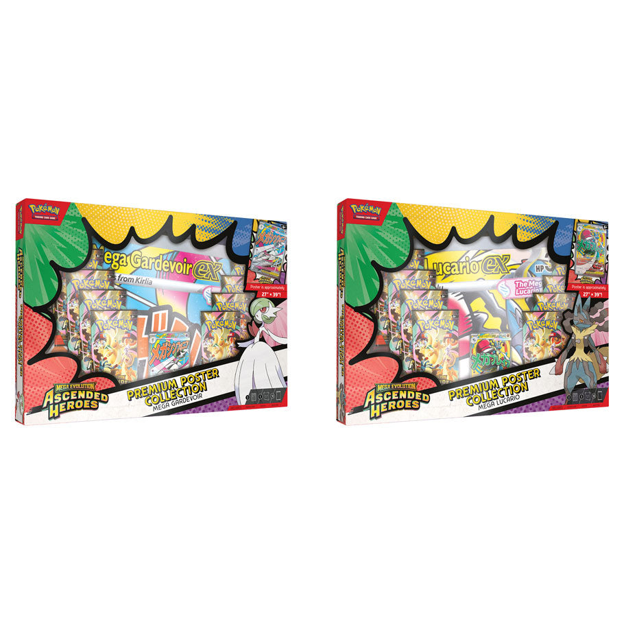 Pokémon TCG: Mega Evolution 2.5: Ascended Heroes: Premium Poster Collection boxes featuring Mega Gardevoir ex and Mega Lucario ex with posters and booster packs.