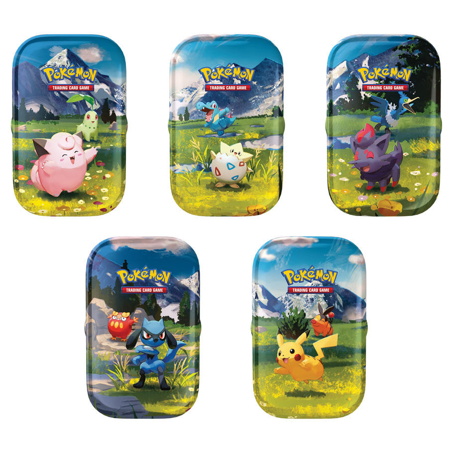 Pokémon TCG: Mega Evolution 2.5 Ascended Heroes Mini Tin, featuring collector's tins with Pokémon pairs, available in random art from five designs.