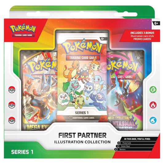 Pokémon TCG: First Partner Illustration Collection: Series 1 box with starter partners, Mega-Evolution booster packs, and promo card call-out. Includes sticker sheet and promo cards.
