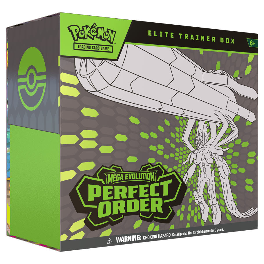 Pokémon TCG: Mega Evolution 3: Perfect Order: Elite Trainer Box featuring Mega-Evolved Pokémon outline, hexagon patterns; includes booster packs, promo card, accessories for trading card enthusiasts.
