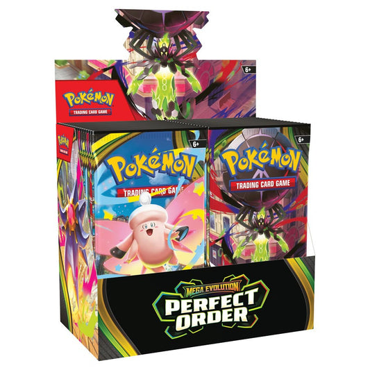Pokémon TCG: Mega Evolution 3: Perfect Order: Enhanced Booster Display showcasing theme decks with Mega Zygarde and Eternatus VMAX in a branded shelf-display.