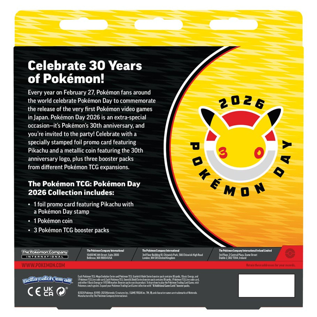 Back of Pokémon TCG: Pokémon Day 2026 Collection pack, featuring Pikachu logo, contents list, and promotional text for the 30th-anniversary celebration.