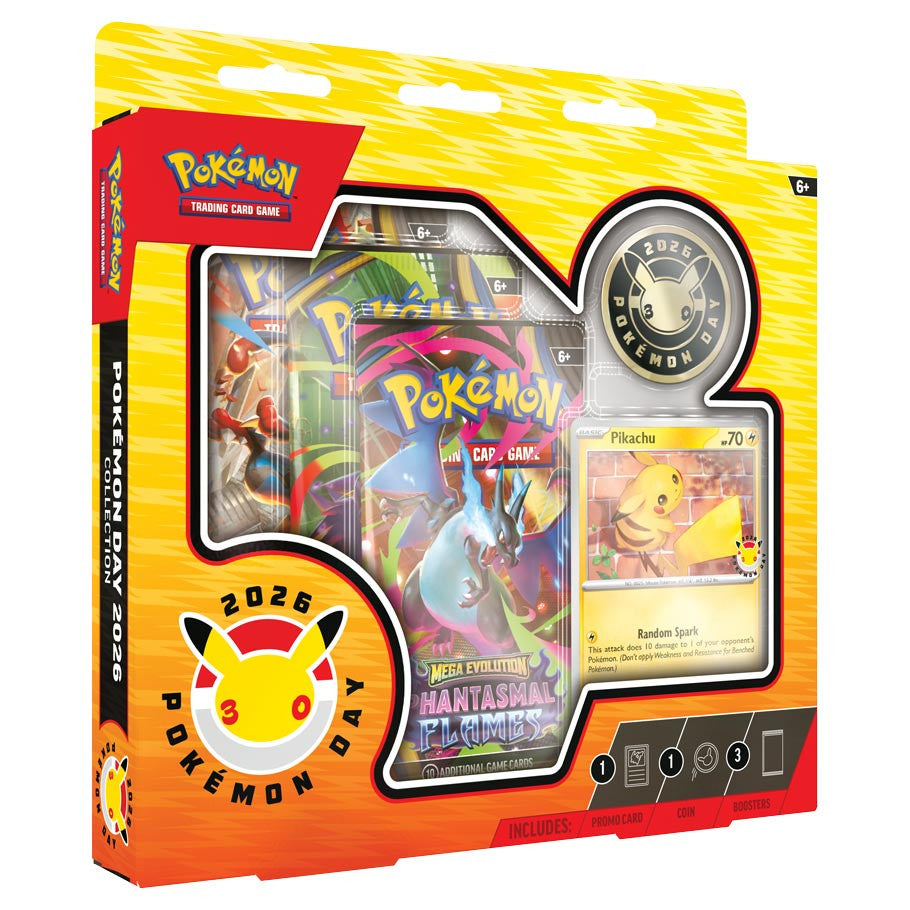 Pokémon TCG: Pokémon Day 2026 Collection box featuring Pikachu promo card, commemorative coin, and three booster packs, including Mega Evolution “Phantasmal Flames” pack.