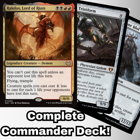 Rakdos, Lord of Riots Commander Deck MTG features iconic cards like Rakdos, Phyrexian Triniform, offering a custom-built, ready-to-play Commander experience.