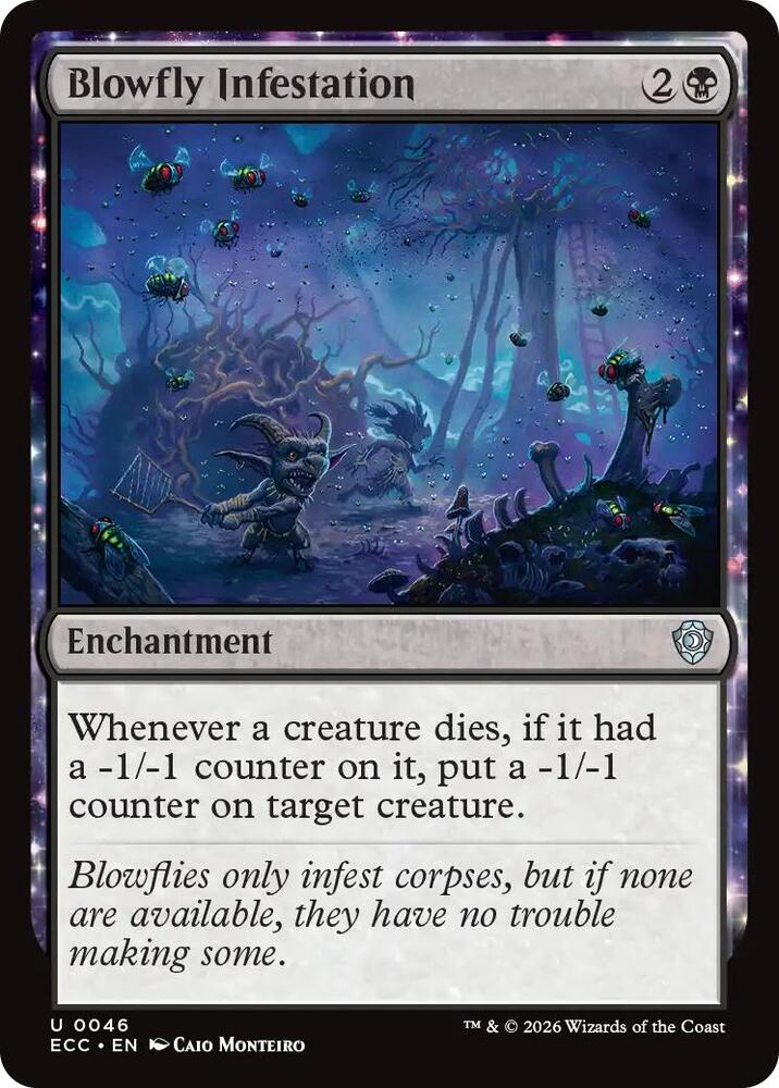 MTG Commander Deck The Reaper, King No More features 100 custom cards, including Blowfly Infestation, showcasing blowflies in a swampy graveyard.