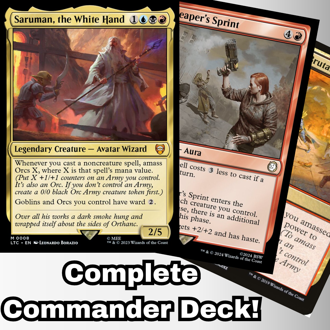 MTG Commander Deck featuring Saruman, the White Hand, highlighted with Reaper’s Sprint spell. A 100-card custom deck by Moonveil Games for casual play.
