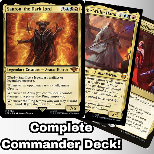 MTG Commander Deck with Sauron, the Dark Lord and themed Lord of the Rings cards, promoting a complete, custom-built 100-card deck for casual play.