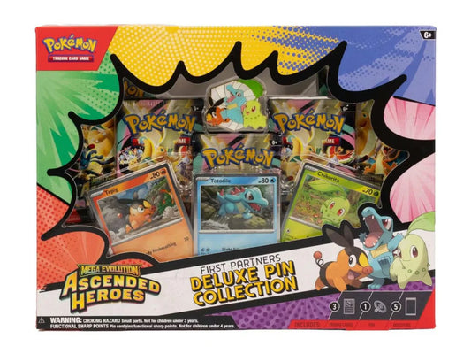 Pokémon TCG: Mega Evolution 2.5 Ascended Heroes First Partners Deluxe Pin Collection with Tepig, Totodile, Chikorita promo cards, enamel pin, and five booster packs.