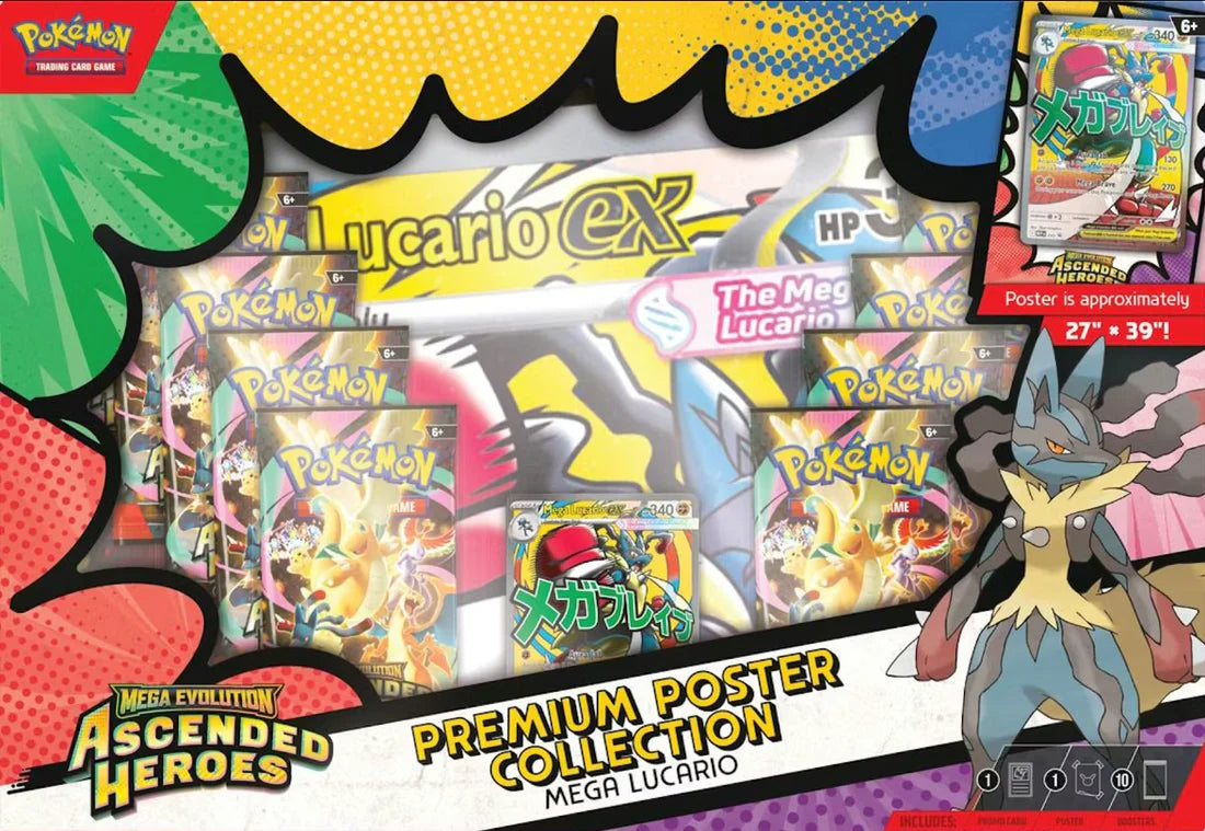 Pokémon TCG: Mega Evolution 2.5: Ascended Heroes: Premium Poster Collection box featuring Mega Lucario EX promo card, poster, and 10 booster packs.