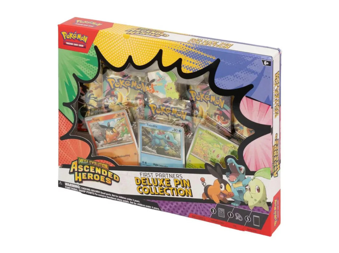 Pokémon TCG: Mega Evolution Ascended Heroes: First Partners Deluxe Pin Collection with Tepig, Totodile, Chikorita promo cards, booster packs, and a metal pin.