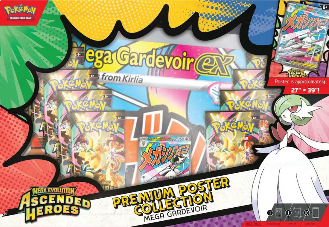 Packaging for Pokémon TCG: Mega Evolution 2.5: Ascended Heroes: Premium Poster Collection featuring Mega Gardevoir-EX, booster packs, and a large poster.