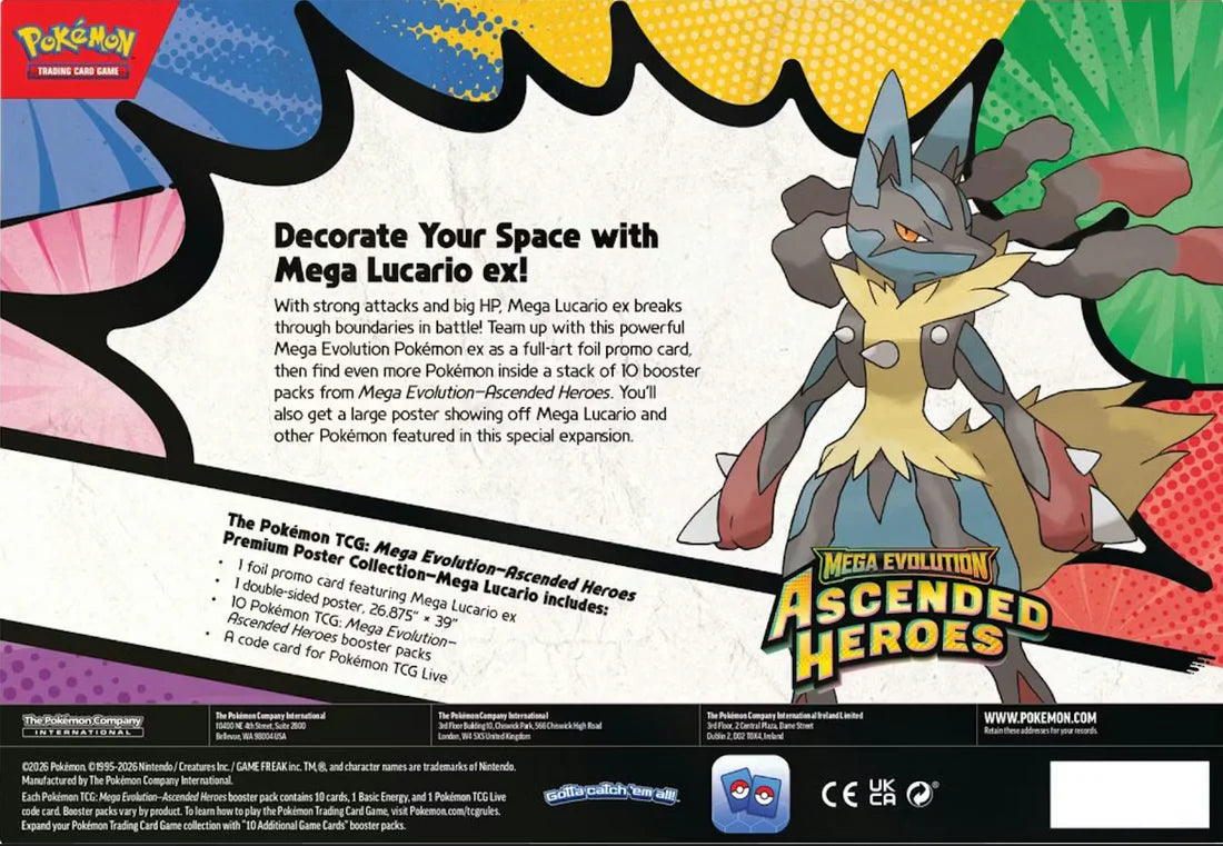 Pokémon TCG: Mega Evolution 2.5: Ascended Heroes: Premium Poster Collection featuring Mega Lucario ex, showcasing contents like promo card, poster, and booster packs.