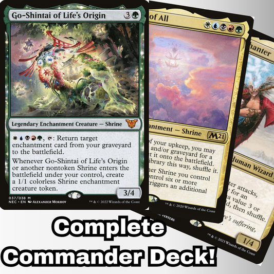 MTG Commander Deck featuring Go-Shintai of Life's Origin, showcasing Shrine enchantments. Complete 100-card custom deck by Moonveil Games for casual EDH play.