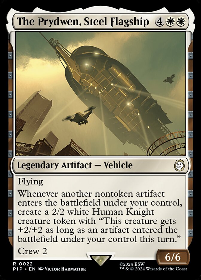 MTG Commander Deck featuring The Prydwen, Steel Flagship, showcasing a golden airship over a city. Custom-built for casual play by Moonveil Games.