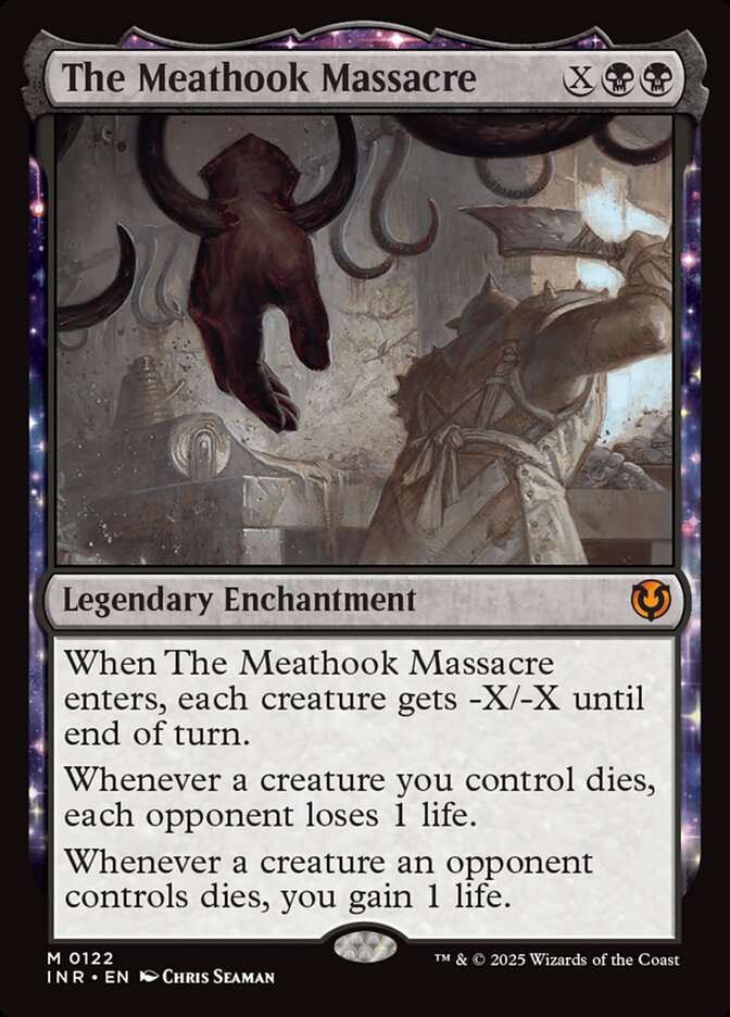 MTG Commander EDH Deck Super Shredder: Features The Meathook Massacre card, highlighting powerful black enchantment effects for strategic board control.