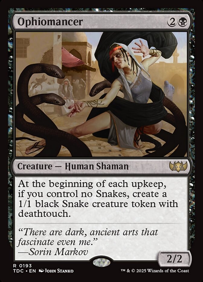 MTG Commander EDH Deck Super Shredder features the Ophiomancer card, emphasizing black sacrifice strategy in a custom, handcrafted 100-card deck by Moonveil Games.