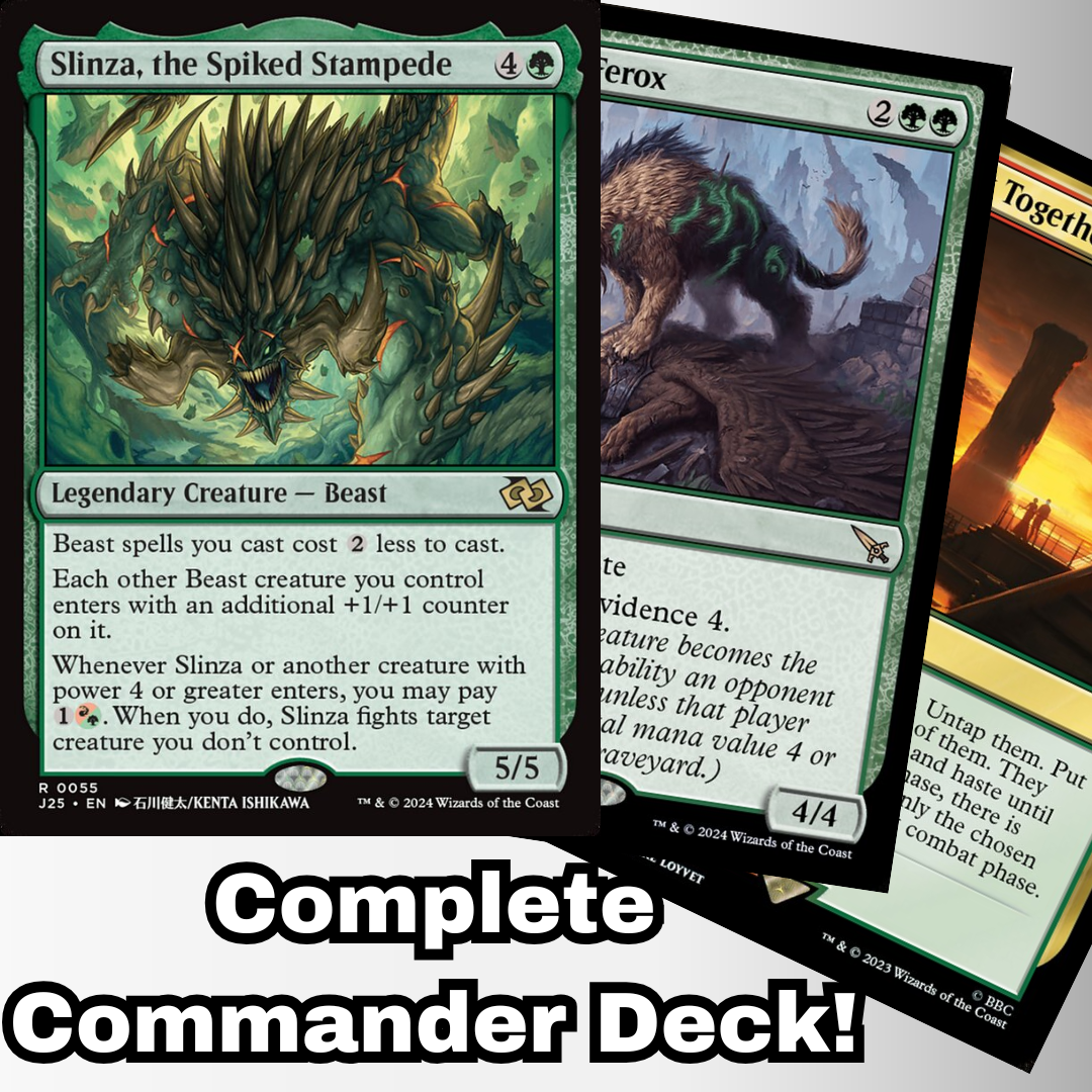 MTG Commander Deck featuring Slinza, the Spiked Stampede, with supporting Beast creatures and spells, custom-built by Moonveil Games for casual play.