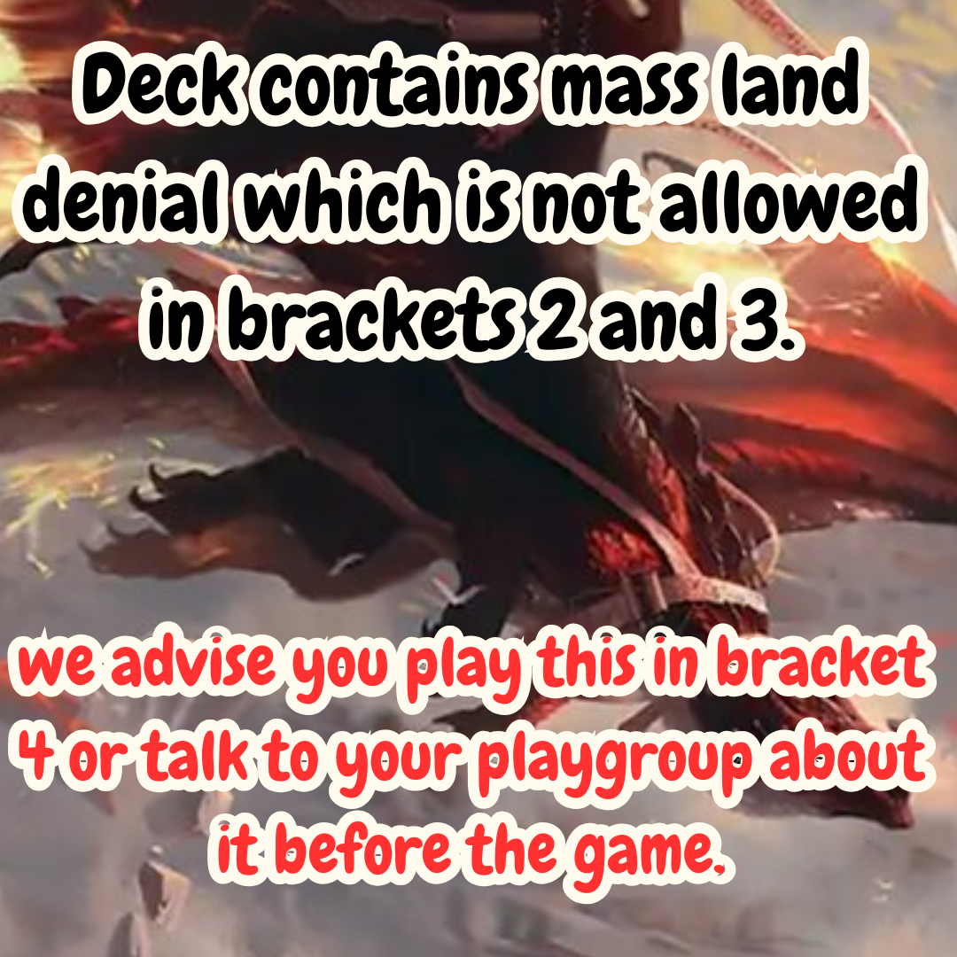 MTG Commander Deck with Lorehold, the Historian, features mass land denial warning, suited for bracket 4 play, crafted by Moonveil Games.