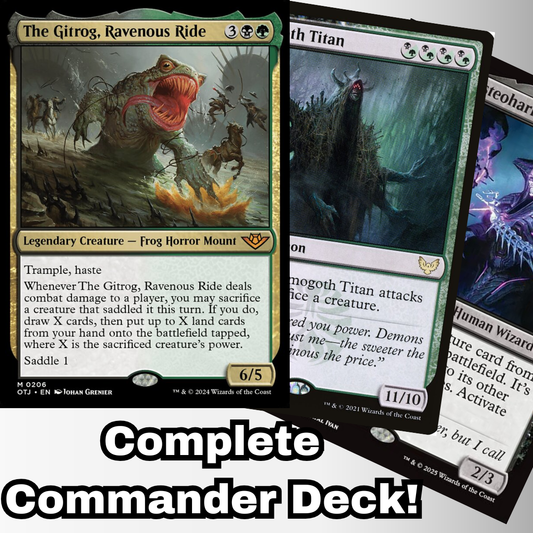 MTG Commander Deck featuring The Gitrog, Ravenous Ride in a custom 100-card set by Moonveil Games, highlighted with text Complete Commander Deck! for casual play.
