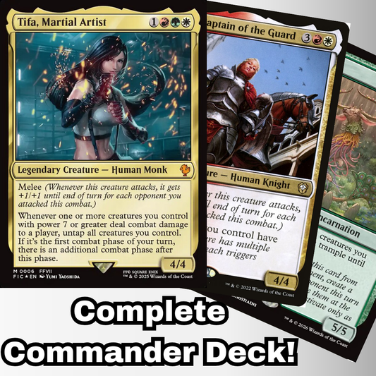 MTG Commander Deck Tifa, Martial Artist: features custom cards, balanced for casual play, hand-assembled by Moonveil Games with 100 genuine Magic cards.