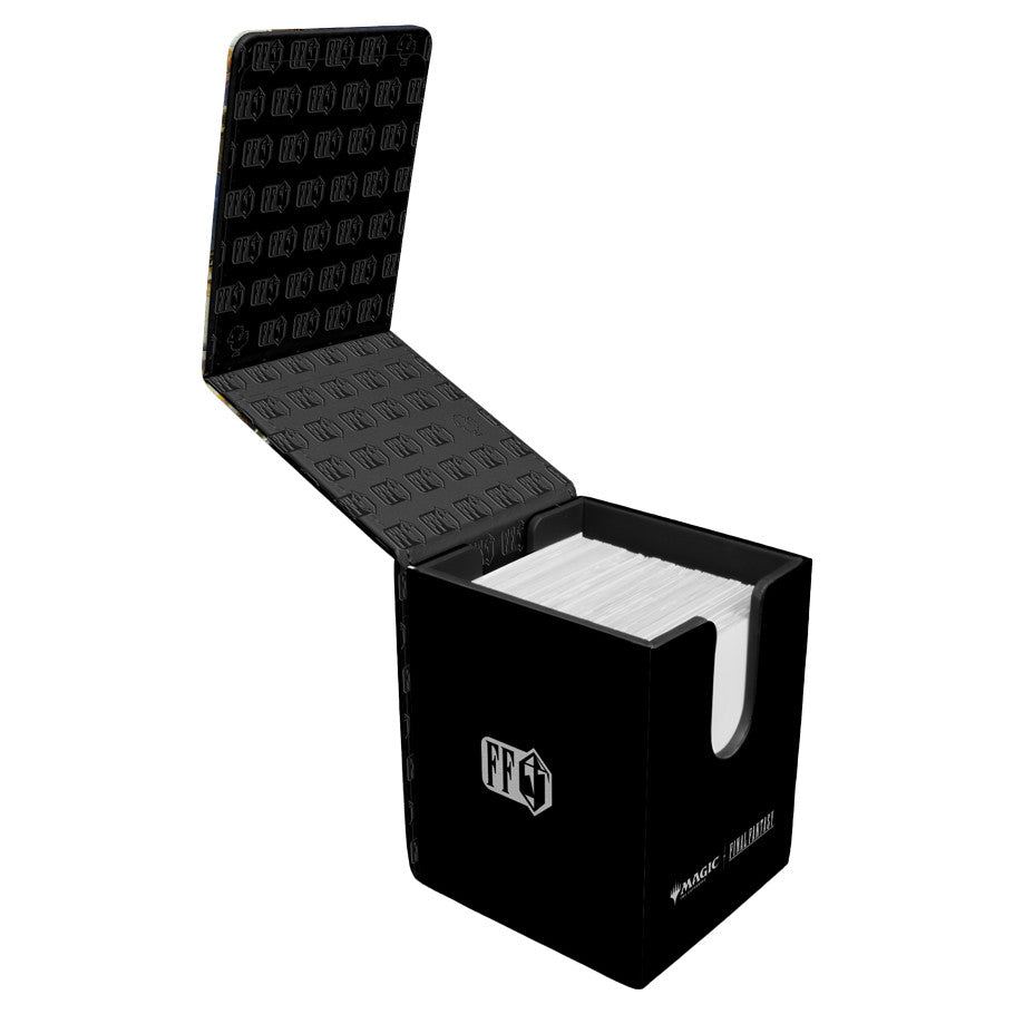 Ultra PRO Alcove Flip: Magic the Gathering: Final Fantasy: Vivi Ornitier Deck Box with open lid and sleeved cards, featuring strong magnetic closure and dual thumb notches.