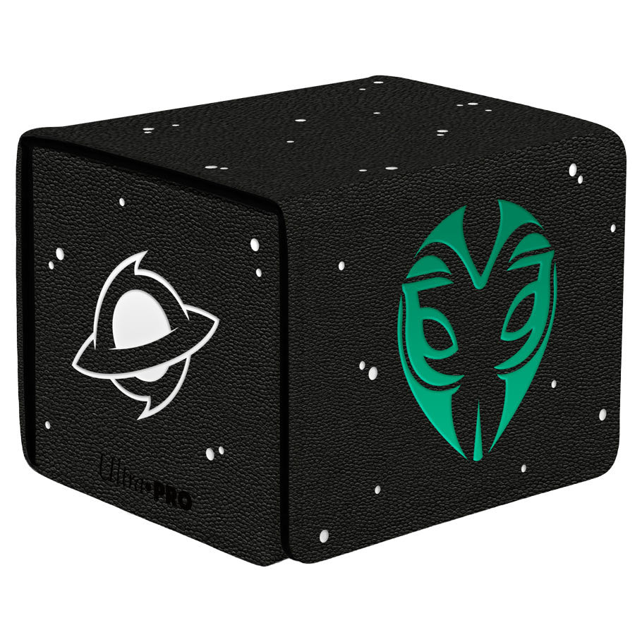 Black cube-shaped product with logos on a white background